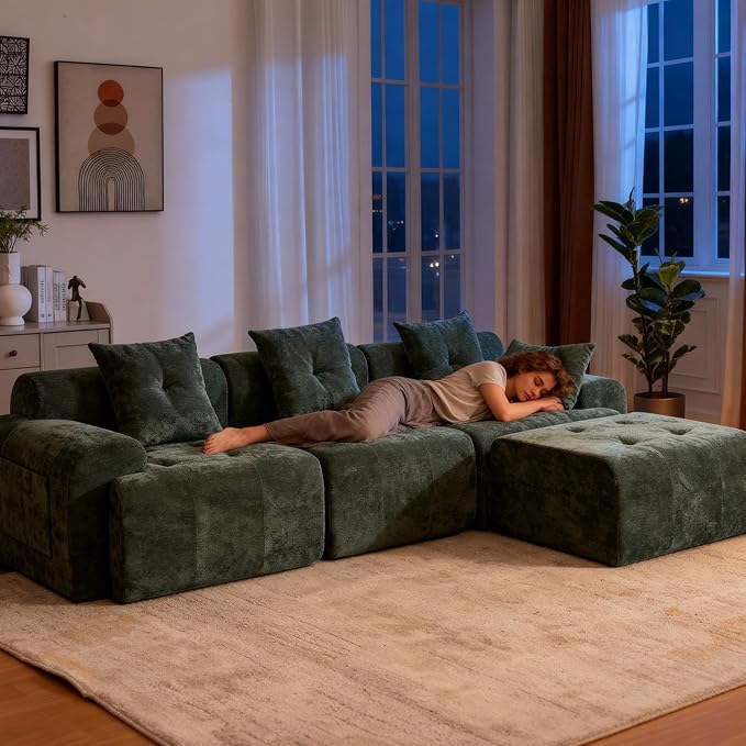 101.65” Modular Sectional Couch for Living Room, Modren L-Shape Cloud Sectional 3-Seater Sofa with Movable Ottoman, Woven Texture Upholstery Boneless Couch, No Assembly, Green