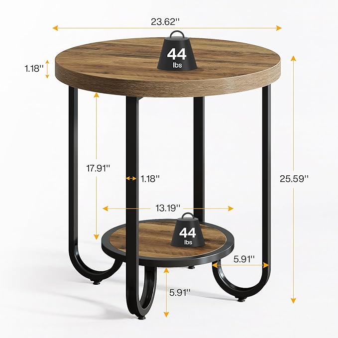 Tribesigns Round End Table with 2-Tier Storage Shelf, Industrial Side Table with Curved Metal Legs, Wood-Grain Accent Coffee Side Stand, Small Nightstand for Living Room, Bedroom, Office, Bathroom