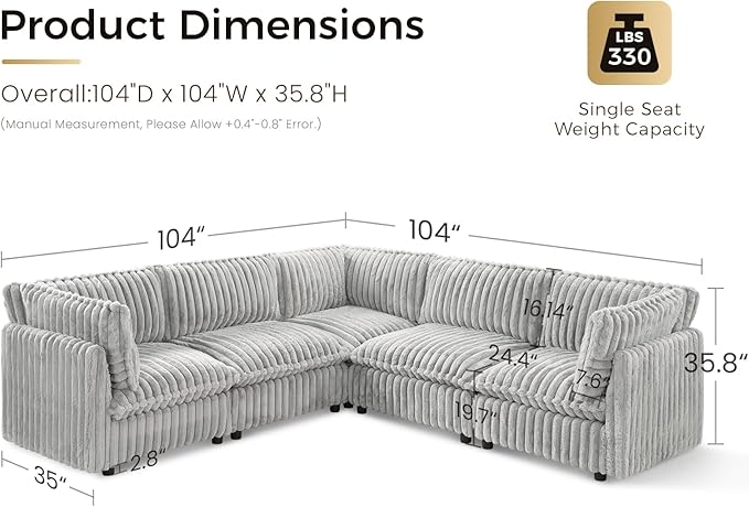 KKL Modular Sectional Couch for Living Room, V Shaped Corduroy Couches with Corner Seat, 5 Seater Oversized Sofa Convertible to Sleeper, Soft Fabric Modern Sofa, Grey