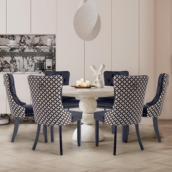 Velvet Upholstered Dining Chairs Set of 8, Modern Style Kitchen Side Chairs with Nailhead Trim and Wood Legs,Metal Pulling Ring for Dining Room Living Room(Quadrangular Star&Black)