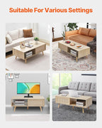 VEVOR Rattan Coffee Table, Mid Century Modern Table, Rectangle Wood Table, 42 Inch Modern Boho Style Two Layers Storage Coffee Table, for Living Room, Bedroom & Small Spaces