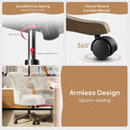 HUIMO Home Office Chair Upholstered Armless Desk Chairs with Wheels Adjustable Height Computer Desk Chair with Wooden Legs Linen Comfortable Swivel for Home Office Study Studio (Beige)