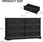 6 Drawer Dresser for Bedroom, 53" Wide Wooden Chest of Drawers, Rustic Farmhouse Dresser with Large Drawers & Metal Handles, Modern Storage Organizer for Closet, Living Room, Hallway, Black