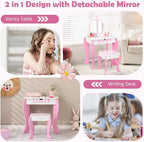 HONEY JOY Kids Vanity, Toddler Makeup Table with Mirror and Stool, Wooden Pretend Play Vanity for Little Girls, Detachable Mirror and Storage Drawer, Kids Vanity Table and Chair Set (Pink)