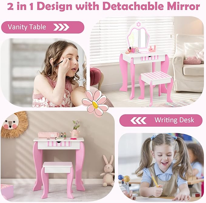 HONEY JOY Kids Vanity, Toddler Makeup Table with Mirror and Stool, Wooden Pretend Play Vanity for Little Girls, Detachable Mirror and Storage Drawer, Kids Vanity Table and Chair Set (Pink)