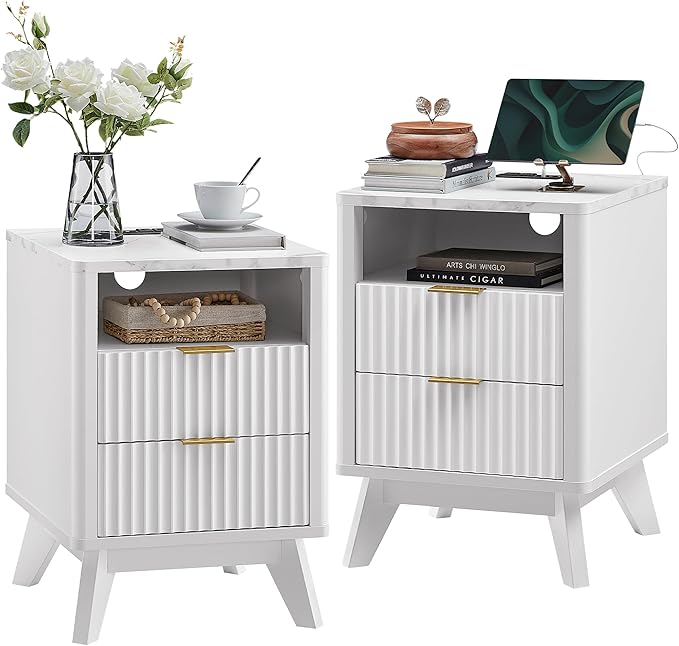 T4TREAM Fluted Nightstand Set of 2 with Charging Station, 18" Modern SideTable with Faux Marble Top, 2 Drawer End Table w/Storage, Bedside Table for Bedroom, Living Room, Curved Profile, Solid White