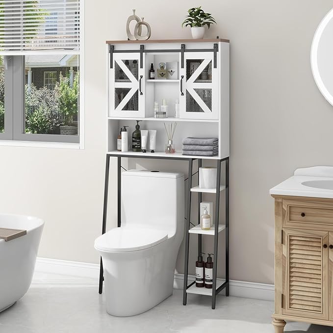 Over The Toilet Storage Cabinet, Farmhouse Storage Cabinet Over Toilet with 2 Sliding Barn Door，Home Space-Saving Toilet Rack, for Bathroom, Restroom, Laundry(White).