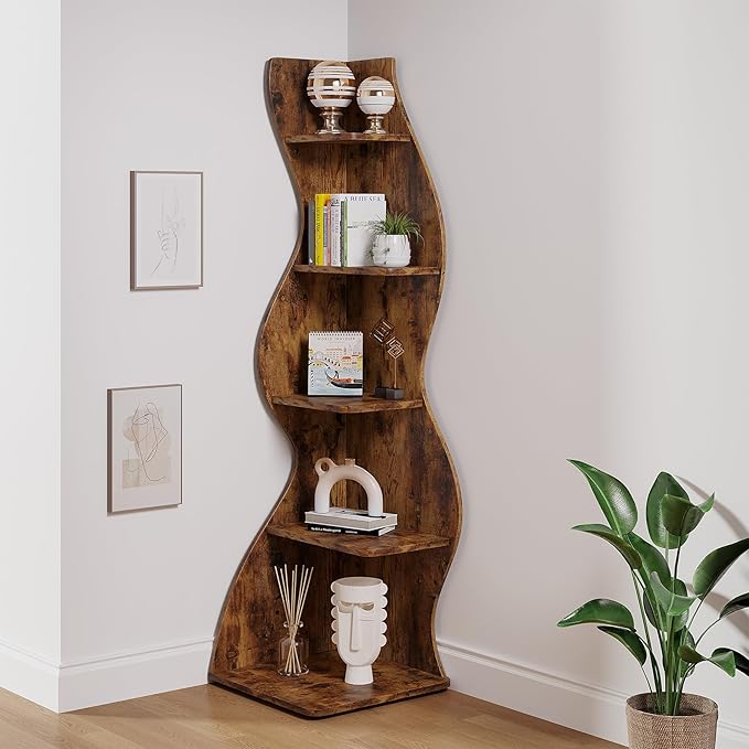 Tribesigns Corner Shelf, Rustic 5-Tier Wall Corner Bookshelf, Stylish Corner Small Bookcase Storage Rack Plant Stand with Unique Shape for Living Room, Home Office (1PC, Brown)