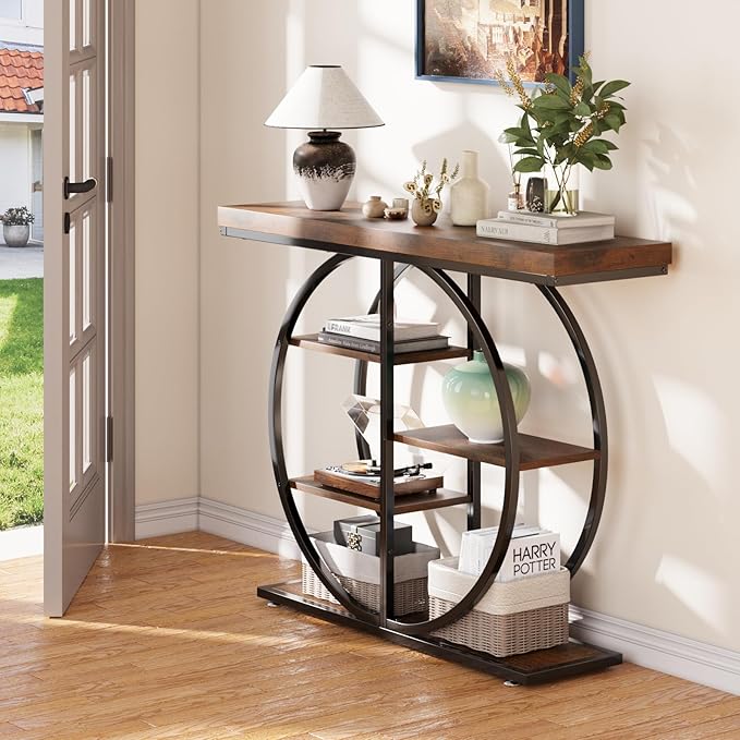41.3" Console Table for Entryway, Industrial Hallway Sofa Table with Storage Shelves, Narrow Accent Decor Living Room Furniture with Circle Base for Foyer, Entrance, Rustic Brown