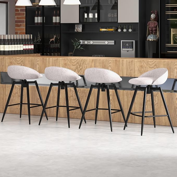 COSTWAY Bar Stools Set of 4, 25" Upholstered Counter Height 360° Swivel Bar Stools w/Backrest & Footrest, Heavy-Duty Metal Frame Armless Breakfast Chairs for Kitchen, Living Room (Set of 4,Grey)