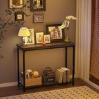 32" Small Console Table, 2-Tier Narrow Entryway Table, Sofa Table with Mesh Shelves, Console Tables for Living Room, Hallway, Entryway, Farmhouse Console Table with Storage, Oak Grey