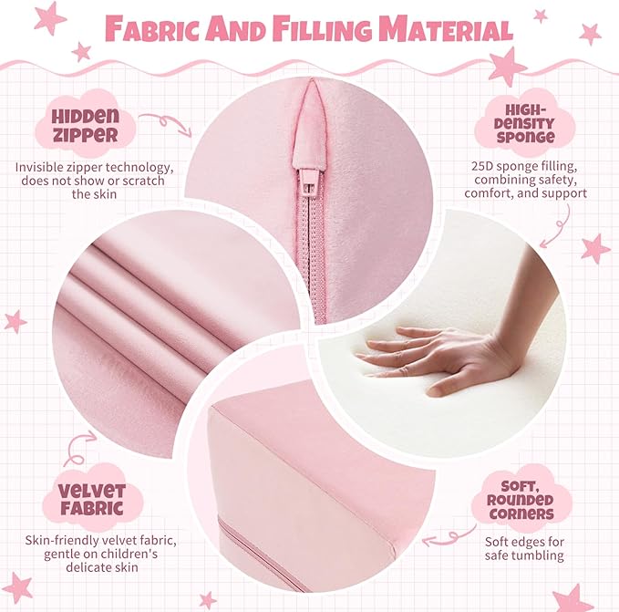 5 Pcs Modular Kids Play Couch, Toddler Couches That Fold Out, Plush Foam Chair for Children’s Playroom, Velvet Fabric Convertible Foam and Floor Cushion for Boys and Girls (Pink,02)