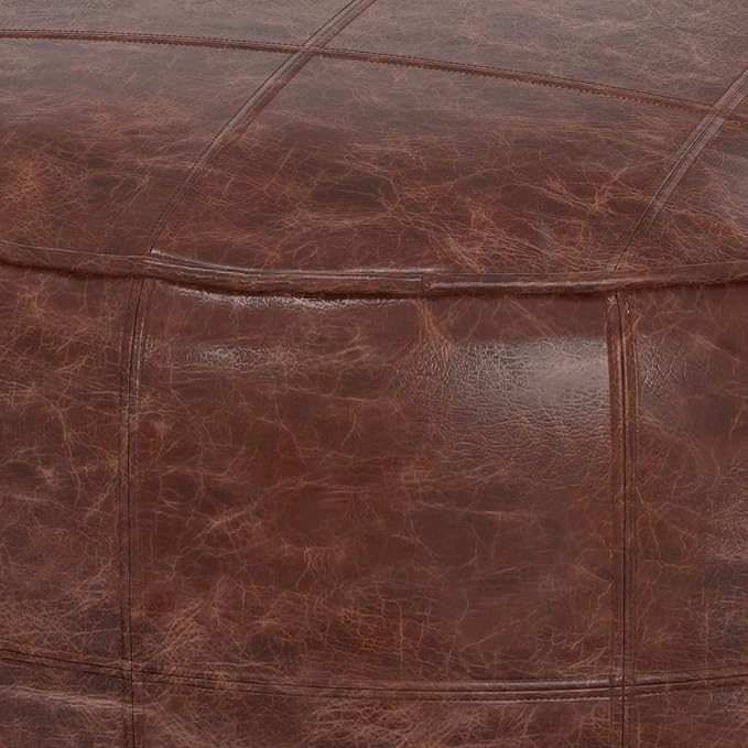 SIMPLIHOME Connor Boho Round 34 inch Round Coffee Table Pouf in Distressed Brown Genuine Leather for the Living Room, Bedroom and Kids Room