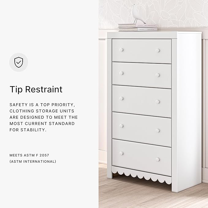 Signature Design by Ashley Mollviney Coastal 5-Drawer Chest of Drawers with Safety Stop and Scalloped Detailing, White