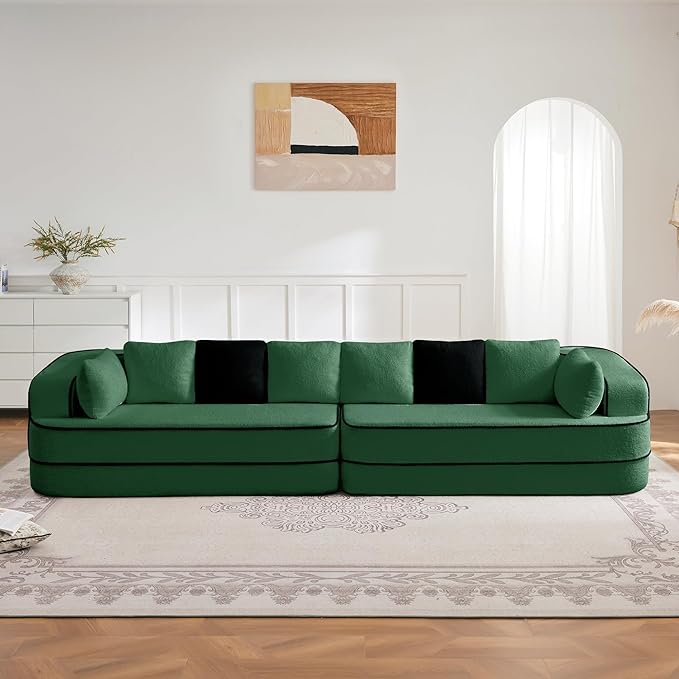 135" Modular Sectional Couch, 4-Seater with Throw Pillows Modern Teddy Fabric Foam Boneless Sofa for Living Room, Oversized with Deep Seat, No Assembly Required,Green
