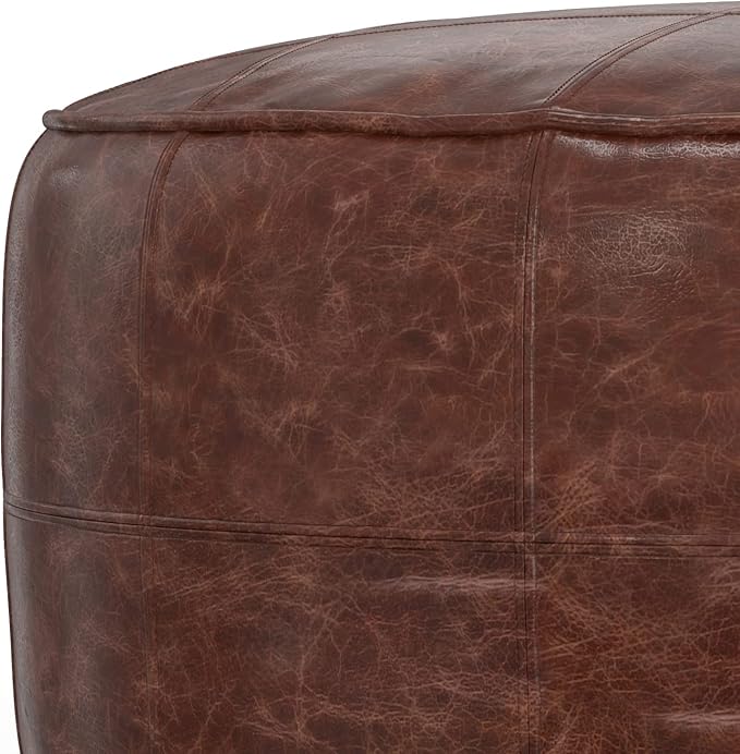 SIMPLIHOME Connor Boho Round 34 inch Round Coffee Table Pouf in Distressed Brown Genuine Leather for the Living Room, Bedroom and Kids Room