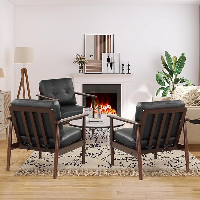 STHOUYN Mid Century Modern Chair, PU Leather Accent Chair Set of 2 with Wood Arms, Living Room Chairs, Reading Armchair for Bedroom, Waiting Room, Office