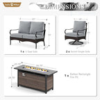 Sophia & William Patio Furniture Set with Fire Pit Table, 4 PCS Metal Outdoor Conversation Set with Fire Pit Table, 2 Swivel Chairs,3-Seater Couch for Outdoor Seating, Backyard, Porch(Grey)