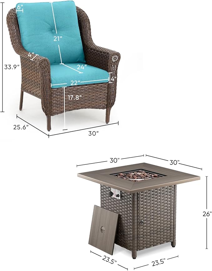 Outdoor Patio Chairs with Fire Pit Table 5 Piece Set - High Back Brown Wicker Rattan Lawn Chair with Thick Cushion for Porch Apartment Deck Yard Poolside Garden - Turqoise