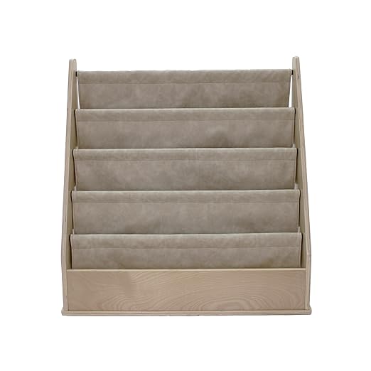 Factory Direct Partners Rustic Kid Birch Sling Book Display; Distressed Faux Leather 4-Shelf Storage for Books or Magazines; Furniture for Bedroom, Playroom, Daycare or Classroom - Almond, 13745-320