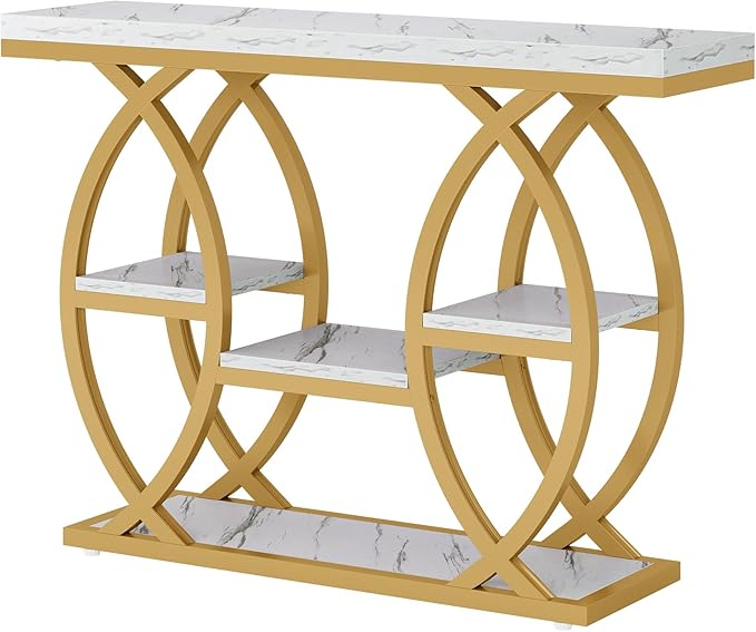 Tribesigns 39.4" Console Table, Industrial 4-Tier Sofa Table Entryway Table with Storage Shelves, Narrow Wood Accent Tables with Metal Frame for Small Spaces, Hallway, Foyer, White Gold