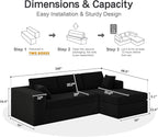 108-inch Boneless Couch for Living Room，Comfy Boneless Sofa with Deep Seats & Chaise Lounge, 3-Seat Modular Sofa Memory Foam Sectional Couches - No Assembly Required(Dark Black)
