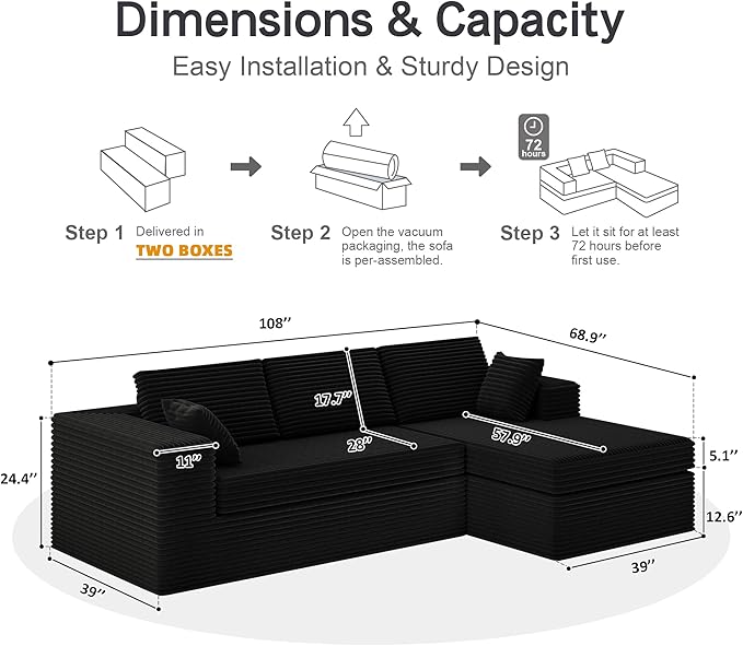 108-inch Boneless Couch for Living Room，Comfy Boneless Sofa with Deep Seats & Chaise Lounge, 3-Seat Modular Sofa Memory Foam Sectional Couches - No Assembly Required(Dark Black)