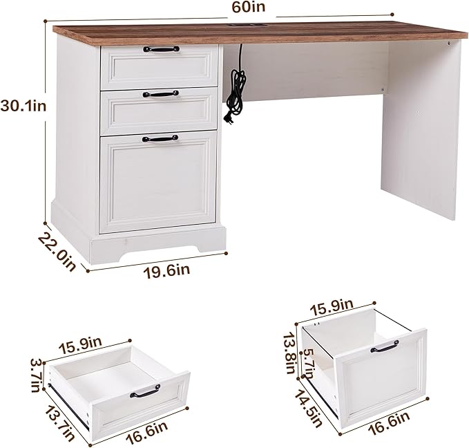 60" Farmhouse Executive Desk with Charging Station,Home Office Desk with 2 Drawers &1 File Cabinet,Fluted Computer Desk for Office and Home (White)
