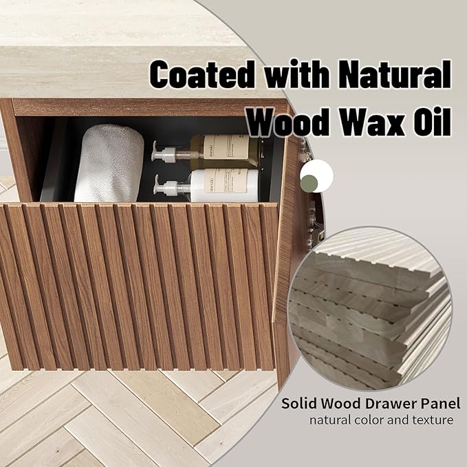 48 Inch Floating Bathroom Vanity with Sink, Wall-Mounted Bathroom Vanity with Drawer and 2 Doors, Roma Travertine-Pattern Countertop and Ceramic Basin, Pre-Assembled, Espresso Woodgrain Color