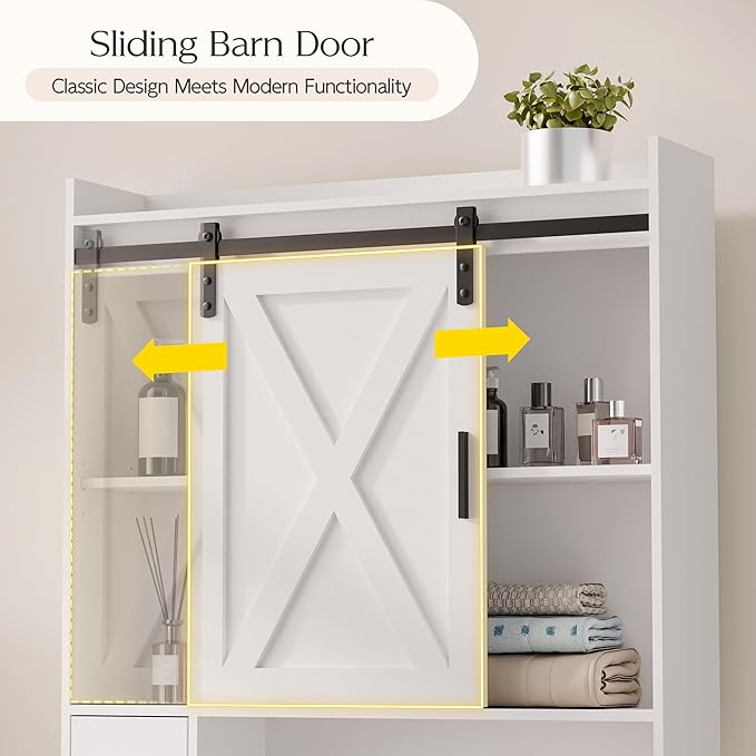 MU Over The Toilet Storage Cabinet with Doors, 32" Bathroom Storage Organizer with Side Shelves, Space-Saving Toilet Storage Rack for Bathroom, Laundry (Sliding Barn Door)