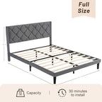 Full Size Platform Bed Frame with Velvet Upholstered Headboard and Sturdy Wooden Slats Support,Mattress Foundation，Easy Assembly, No Box Spring Needed,Slip Resistant (Grey, Full)