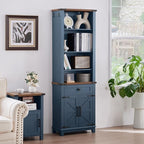 72in Tall Bookshelf 7 Tier Bookcase with Drawer and Barn Doors and Adjustable Shelves, Blue Farmhouse Book Shelf with Storage Cabinet, Wood Freestanding Display Bookshelves for Living Room