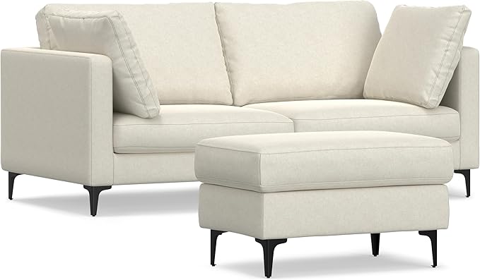 SIMPLIHOME Ava Sofa and Ottoman in 100% Recycled Polyester Performance Fabric, Cream, 76-inch-Wide 2-Seater Loveseat and Matching 36-inch-Wide Table Ottoman for Living Room, 2-Piece Set