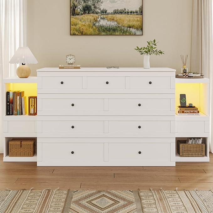 Full Size Murphy Bed with Bedside Tables,Full Size Foldable Cabinet Bed Frame with Charging Station & Drawer,Murphy Bed Chest with Adjustable LED Light for Bedroom,Guest Room,White