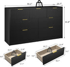 Black Dresser with 7 Drawer - 55” Wide Fluted Dresser for Bedroom with Metal Handle, Chest of Drawer, Wood TV Stand for Bedroom, Living Room, Black