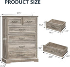 6 Drawer Dresser for Bedroom, 43" Tall Wooden Chest of Drawers, Rustic Farmhouse Dresser with Large Drawers & Metal Handles, Modern Storage Organizer for Closet, Living Room, Hallway, Grey