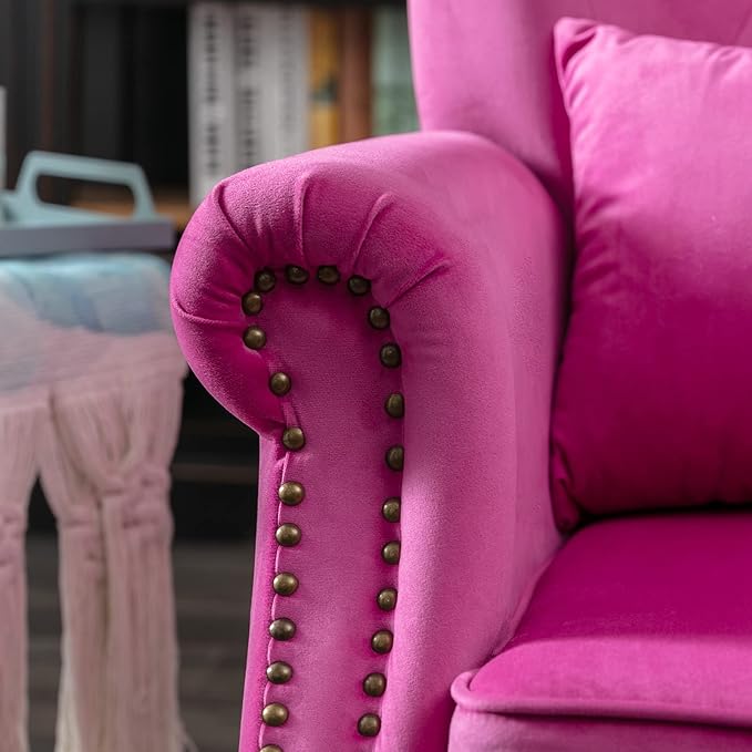 Accent Reading Arm Chairs Set of 2 for Living Room Bedroom, Midcentury Modern Comfy Corner Sofa Chair, Wingback Waiting Room Club Chair with Button Tufted Back &Lumbar Pillow, Velvet Rose