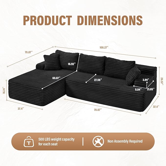 Hobestluk Modular Sectional Couch Sofa, 108" Boneless Couches for Living Room, Memory Foam Sectional Couch with Oversized Chaise,L-Shape Couches (Black, Left Facing)
