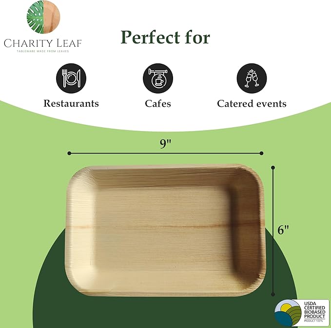 Charity Leaf Eco-Friendly Palm Leaf Trays (50-Pack) - 9"x6" | Elegant Bamboo-Style Platters | Perfect for Weddings & Events | Compostable & Biodegradable Green Serveware