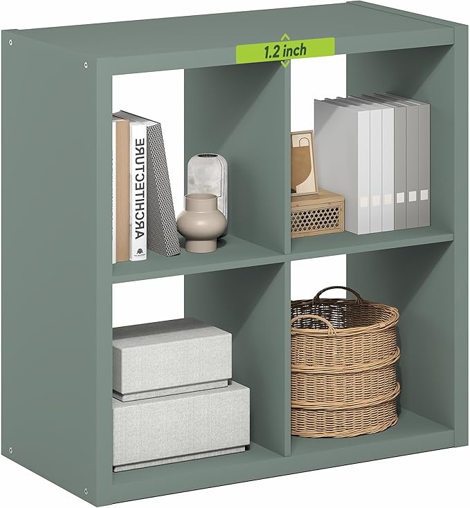 Furinno Cubicle Book Shelf, 4-Cube Thick Frame Bookshelf, Reversible Bookcase with Open Back, 14.6" x 30" x 30", for Living Room, Bedroom, Home Office, Sage Green