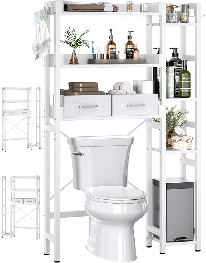 Over The Toilet Storage with 2 Drawers - 7 Tier Bathroom Organizer with Adjustable Shelf, Freestanding Space Saver Storage Rack Above Toilet Stand with 4 Hooks for Restroom, Laundry, White