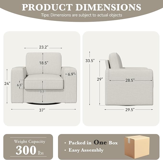 Swivel Accent Sofa Chair Set of 4, Modern Comfy Oversized Upholstered Cushion Back Armchair in Linen 1pcs for Living Room, Bedroom, Reading Room(Khaki)
