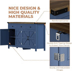 63" Sideboard Buffet Cabinet with Storage, Coffee Bar with 3 Drawers and 4 Barn Doors, Long Wider Storage Cabinet Modern Farmhouse, Blue Wood, for Kitchen, Dining Room, Living Room