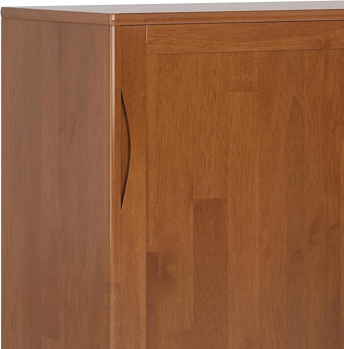 SIMPLIHOME Harper Medium Storage Cabinet - 48 inch Wide Solid Hardwood Sliding Door Cabinet in Teak Brown, Mid-Century Modern Cupboard for Living Room or Entryway with 3 Drawers and Tapered Legs