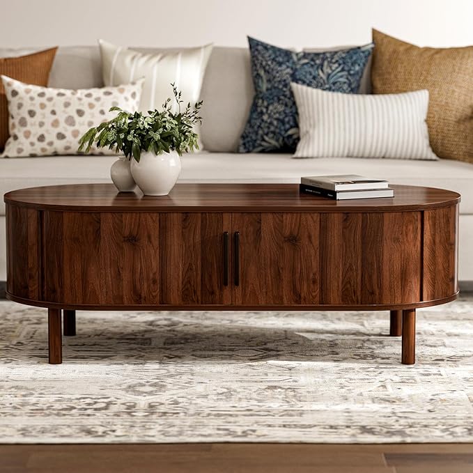 Coffee Table for Living Room, Modern Oval Coffee Table with Cabinets & Sliding Doors, Home Small Space, 47.2" Fluted Center Table, Walnut