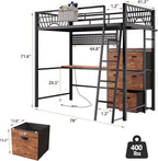 Twin Metal Loft Bed with Desk, 6 Storage Cabinet, LED Light Bunk Bed Frame Twin Size with Charging Station, No Box Spring Needed, Extra Wide Stair Treads&Safety Ladder, Hanging Rod&Guardrail