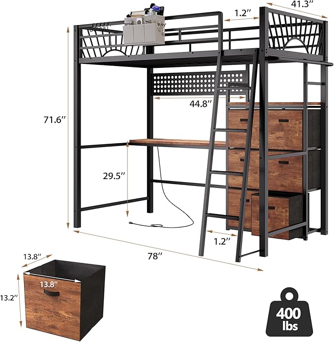 Twin Metal Loft Bed with Desk, 6 Storage Cabinet, LED Light Bunk Bed Frame Twin Size with Charging Station, No Box Spring Needed, Extra Wide Stair Treads&Safety Ladder, Hanging Rod&Guardrail