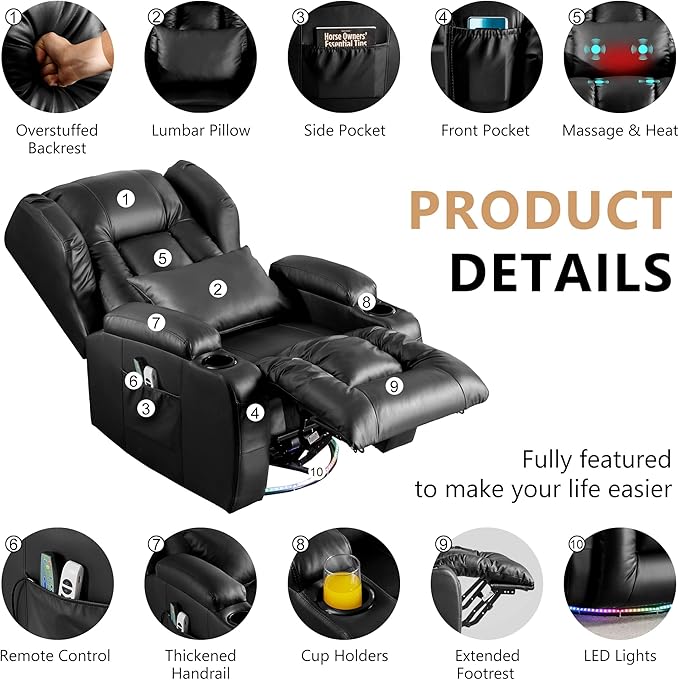 Power Swivel Rocker Recliner Chairs, Electric Wall Hugger Reclining Sofa with Massage & Heat, Comfy Theater Seating Single Chair with LED Light/USB/Type-C Ports (Leather Black, Single Chair)