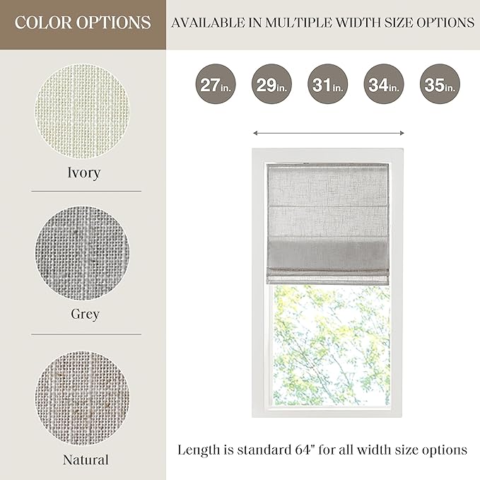 Madison Park Kyler Cordless Roman Shades - Single Panel, Lightweight Linen Blend Fabric, Natural Design, Easy Installation, Light Filtering Window Blind, Bedroom, Living Room Decor 35" W x 64" H Grey