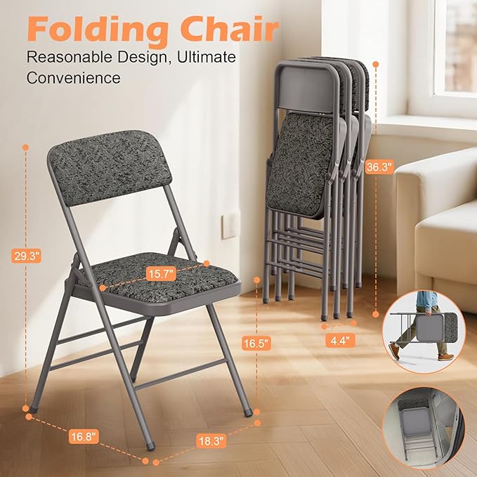 Commercial Grade Folding Chair with Padded Fabric Cushion（16"X16" |Double-hinged Legs Luxury Style|4.5kg Capacity Max Weight 150Kg for Home and Office,Indoor and Outdoor Events (2, Fabric-Grey)